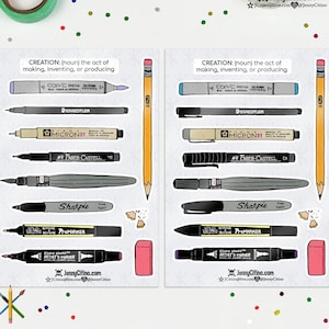 SET di adesivi "Creation Tools of the Trade". Illustrazione, Planner, Diario, Cancelleria, Penna, Matita, Pennarelli, Copic, Winsor Newton, Micron