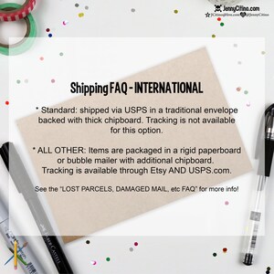 May include: A brown paper card with the text "Shipping FAQ - INTERNATIONAL" and details about shipping options for standard and all other items. The text includes information about shipping via USPS, tracking availability, and packaging details.