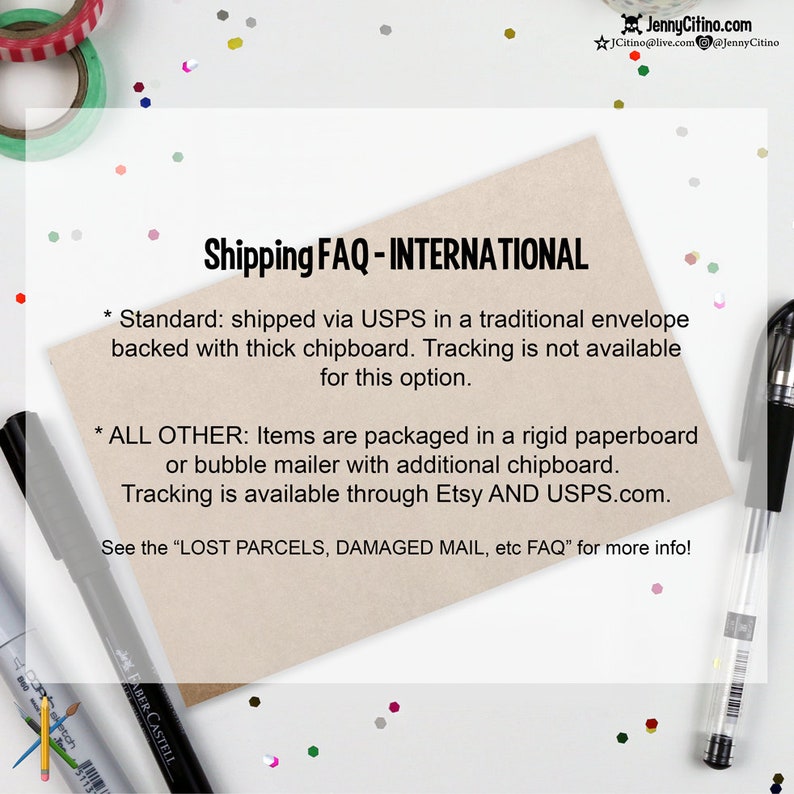 May include: A brown paper card with the text "Shipping FAQ - INTERNATIONAL" and details about shipping options for standard and all other items. The text includes information about shipping via USPS, tracking availability, and packaging details.