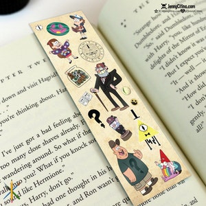 Marcapáginas inspirado en Gravity Falls. Ilustración, soporte, agenda, diario, caricatura, Dipper, Mabel Pines, Grunkle Stan Soos, Mystery Shack, Bill.