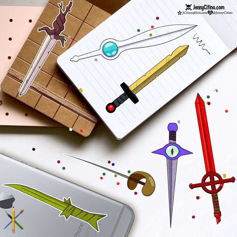 May include: A collection of six different sword stickers, including a wooden sword, a gold sword, a blue and white sword, a purple sword with an eye, a red sword with a circle, and a green sword with a brown handle.
