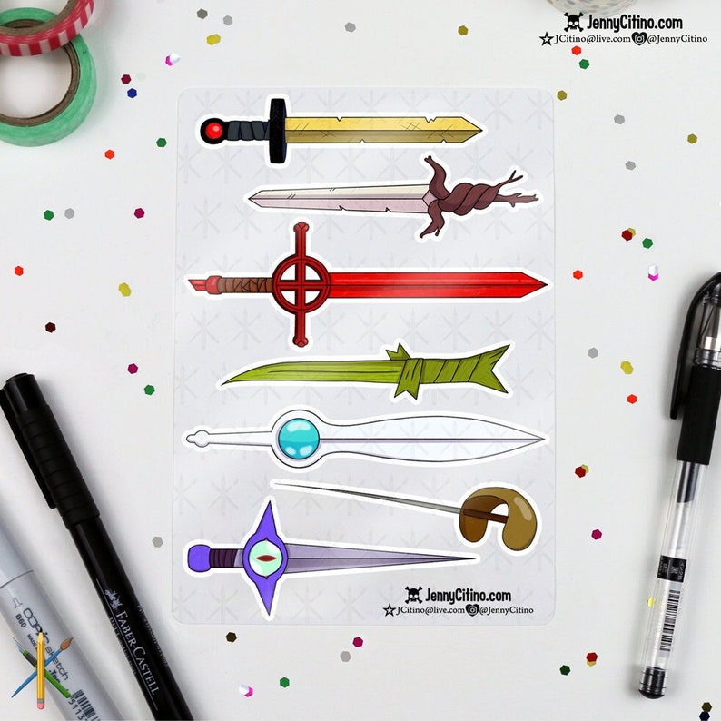 May include: A set of six colorful cartoon sword stickers on a white background. The swords are in various styles and colors, including red, blue, green, yellow, and white.