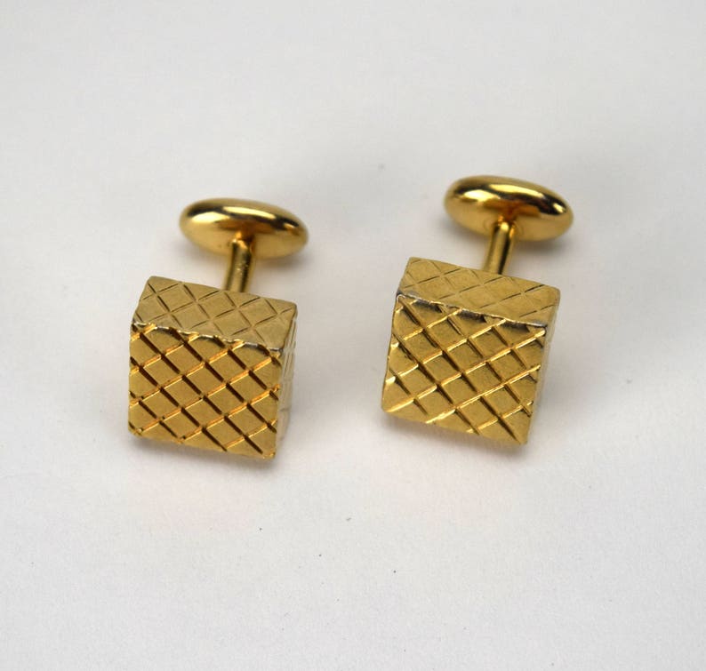Gold Tone Cuff Links with Bean Backs Mens Suit Accessory Vintage Swank Mens Cuff Links Quilted 3D Square Block Cufflinks