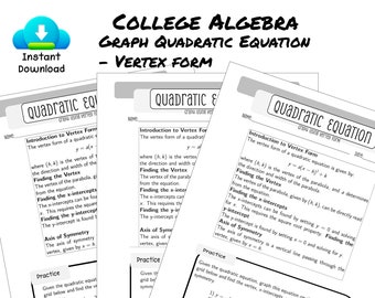 二次方程式ワークシートバンドル：頂点方程式のグラフ化、詳細な解、グラフ