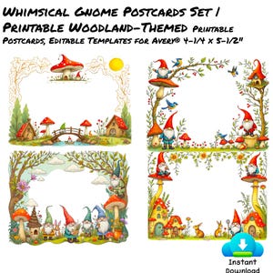 Conjunto de cartões postais de gnomos caprichosos | Cartões com tema de floresta para impressão Modelos editáveis