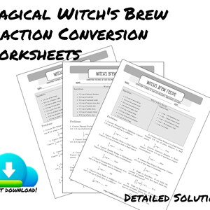 Puede incluir: Hojas de trabajo imprimibles en blanco y negro para convertir fracciones. Las hojas de trabajo presentan una receta de brebaje de bruja con ingredientes y problemas para resolver. El título es "Magical Witch's Brew Fraction Conversion Worksheets".