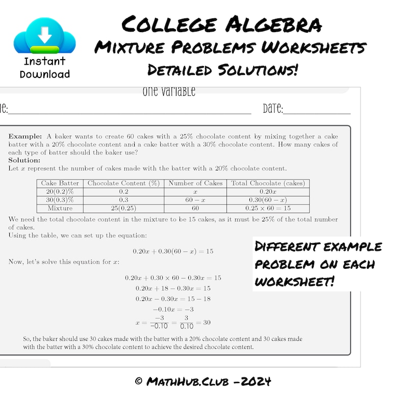 College Algebra Mixture Problems Worksheets With Detailed Solutions ...