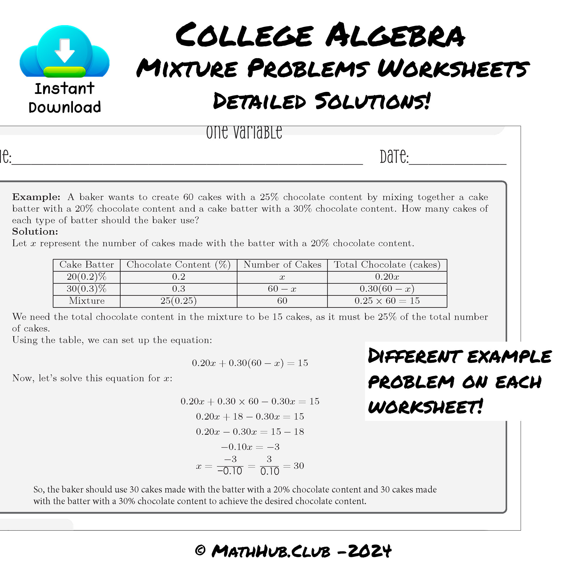 College Algebra Mixture Problems Worksheets With Detailed Solutions