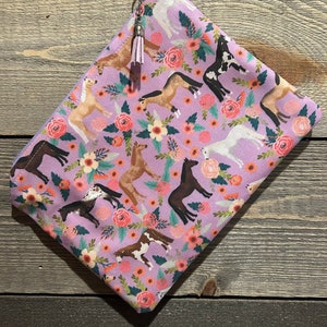 Purple and floral Horse zipper case. Variety of horse breeds.