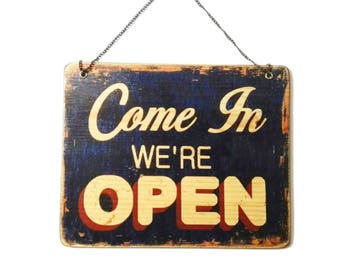 We are open closed - shop door sign - poster - gift - shop - vintage ad - Artisanal Woodprint handmade - wall art - wood - Open Close sign