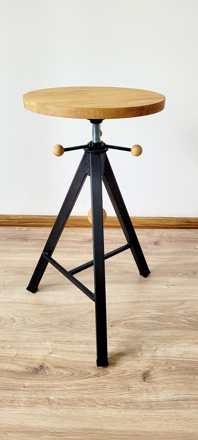 Industrial furniture oak bar stool barstool adjustable hocker tripod image 4