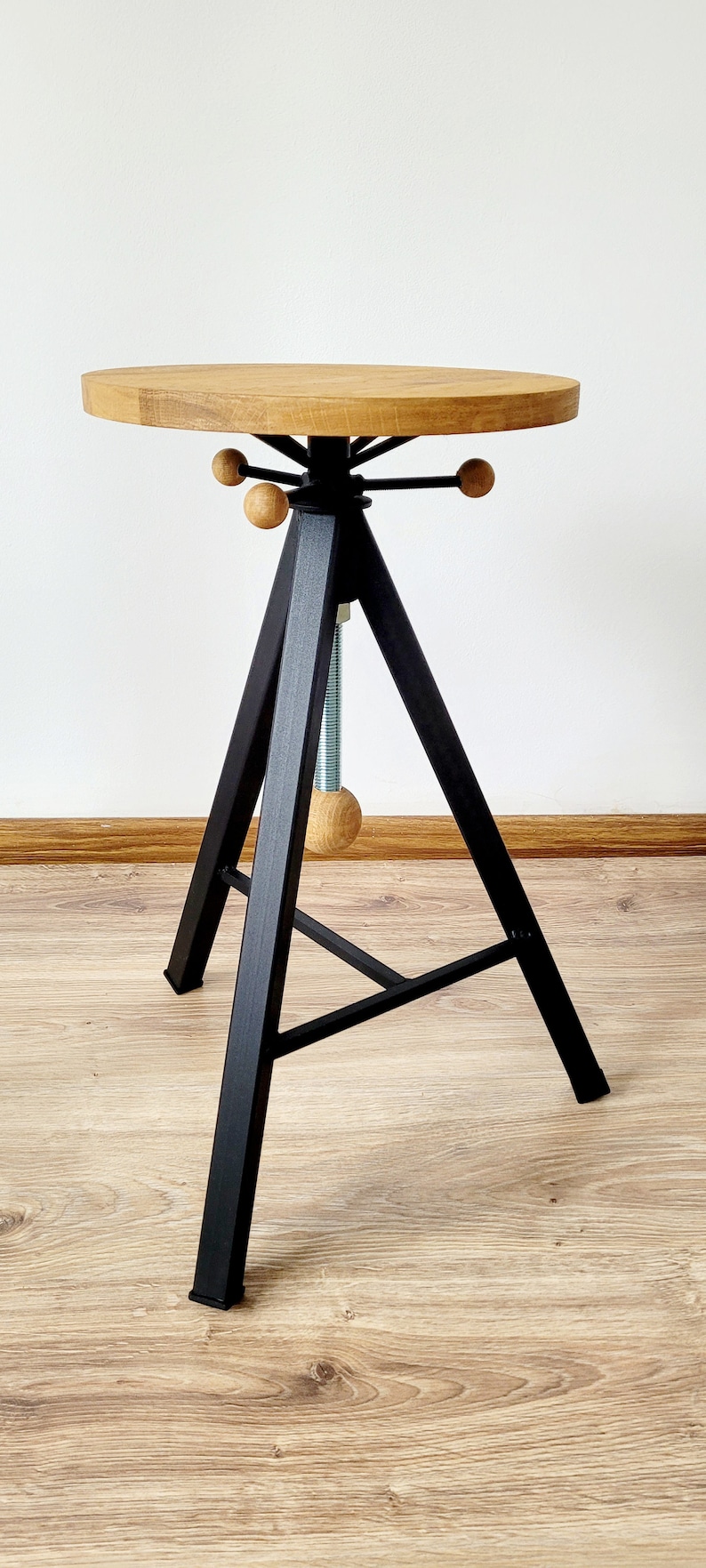 Industrial furniture oak bar stool barstool adjustable hocker tripod image 3