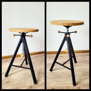 Industrial furniture oak bar stool barstool adjustable hocker tripod image 1