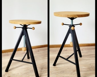 Industrial furniture oak bar stool barstool adjustable hocker tripod