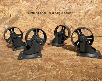 May include: Four dark gray cast iron casters with a wheel diameter of approximately 4 inches. Each caster has a square base with mounting holes and a swiveling wheel. The text "Listing price for a single castor" is visible.