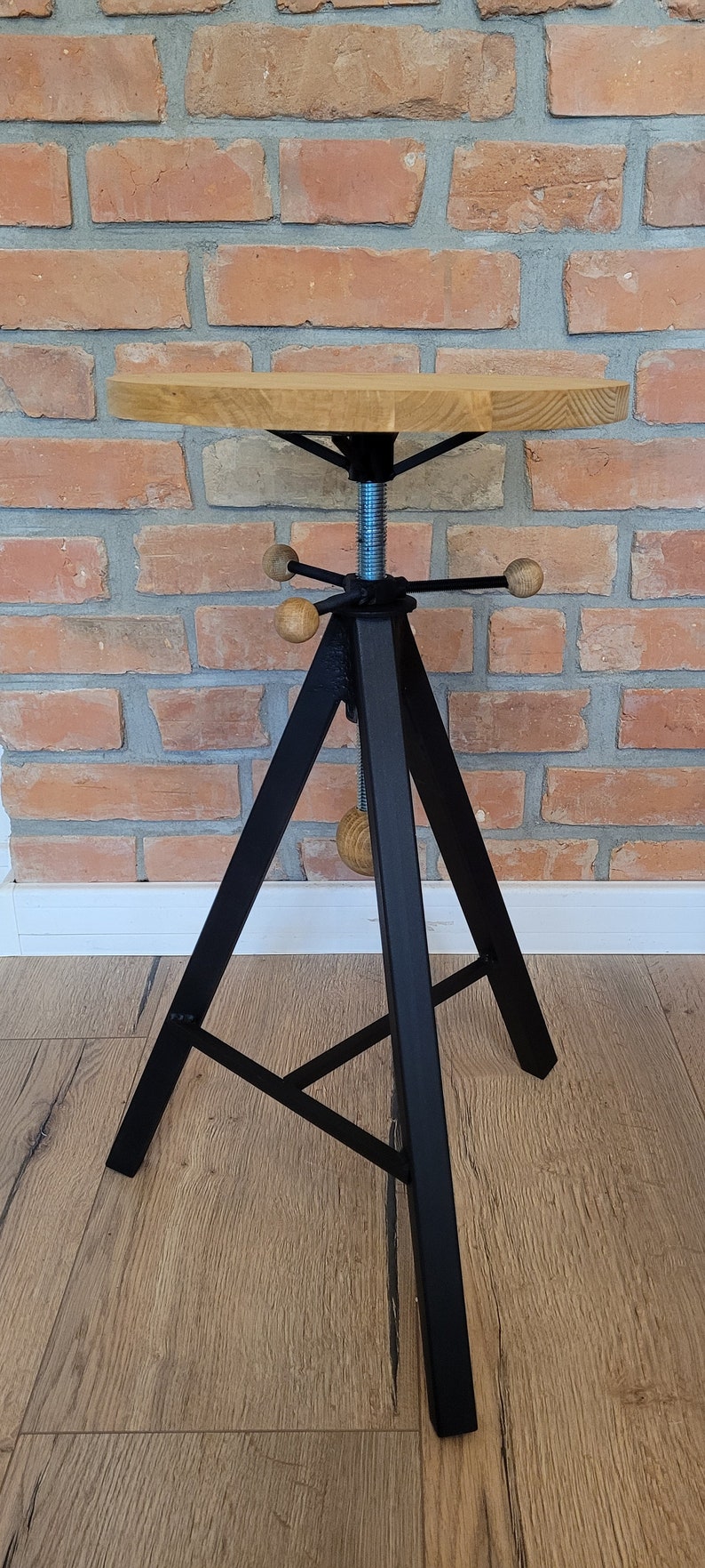 Industrial furniture oak bar stool barstool adjustable hocker tripod image 5