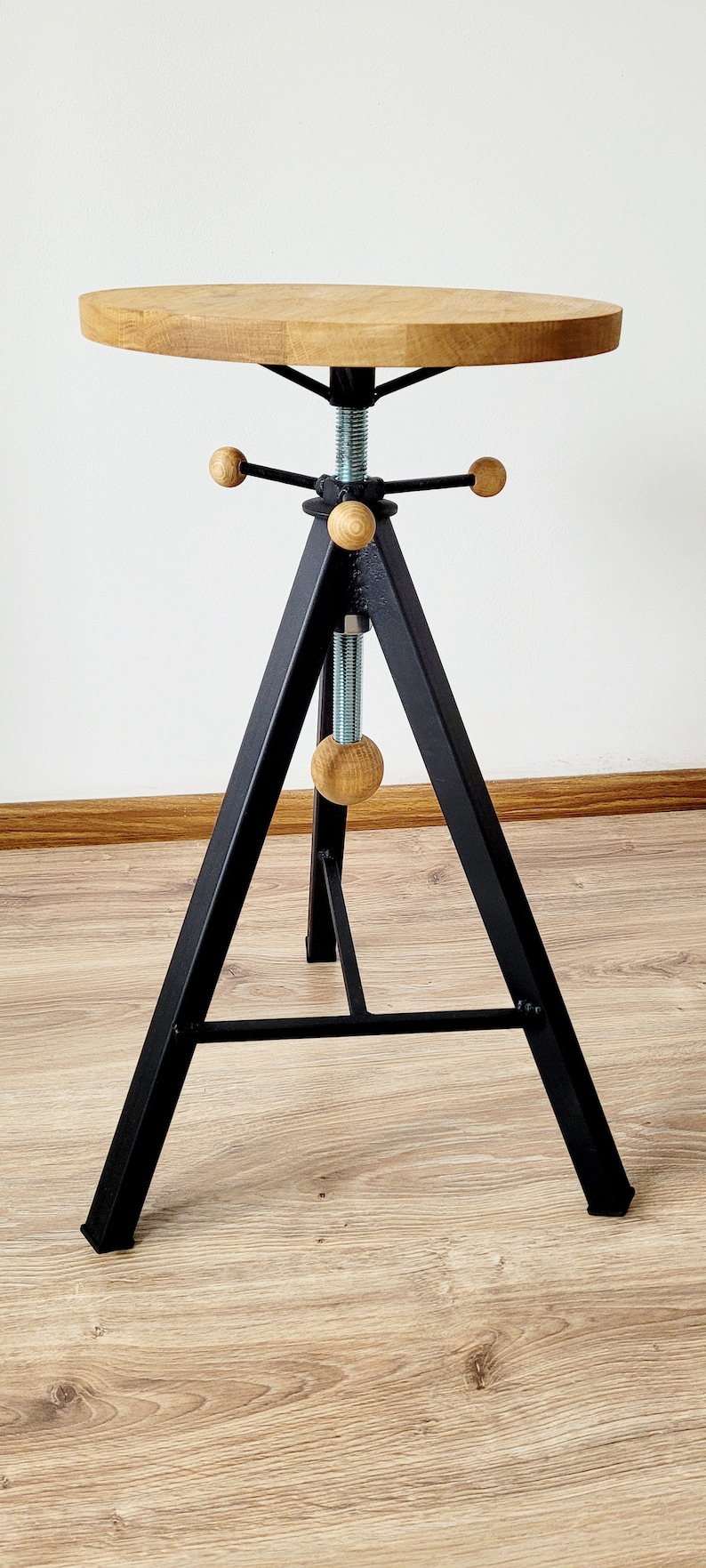 Industrial furniture oak bar stool barstool adjustable hocker tripod image 2