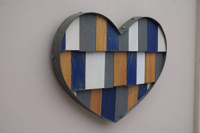 Recycled Wine Barrel Metal Hoop Blue Heart Wall Art image 3