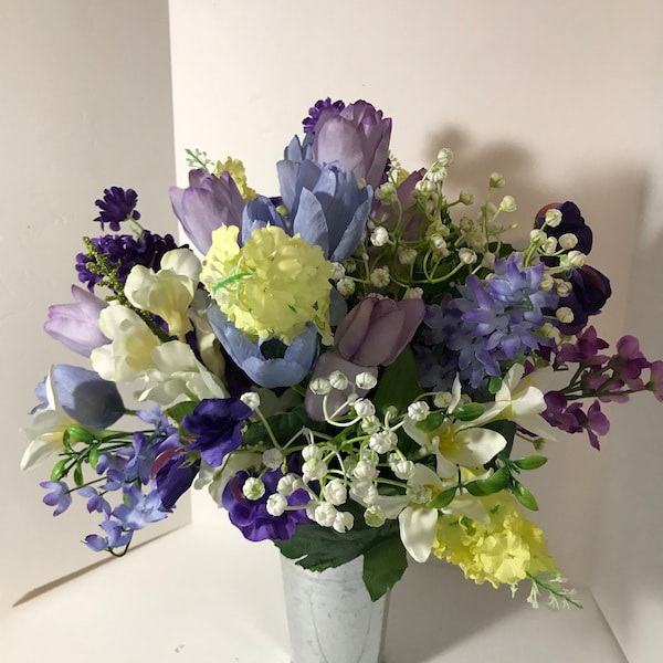Shades of Purple.One of a kind silk floral cemetery vase arrangement.  High quality and color guarded. Includes easy to place 1 piece vase