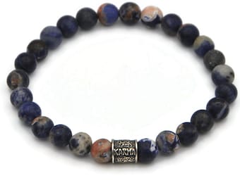 925 Men's Karma Bracelet, Blue Semi Precious Stone Beaded Bracelet, Boho Bracelet for Men