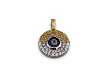 585 Gold Nazar Pendant with Cubic Zirconia, 14 Karat Gold Evil Eye Pendant 18 mm