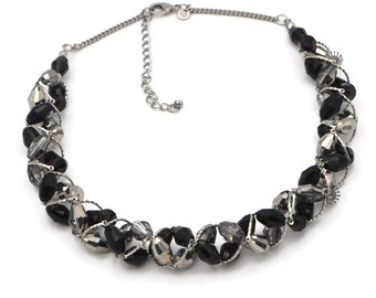 Chunky Choker Necklace, Black and Silver Sparkling Necklace