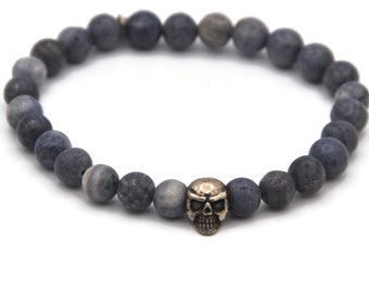 Karma Men's Skull Bracelet, 925 Silver and Blue Grey Semi Precious Stones, Beaded Bracelet, Gift for Man