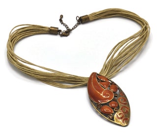 Multi Strand Waxed Cotton Cord Necklace with Enamel Pendant, Beautiful Fall Colors