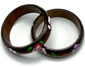 Wood Bangle with Hand Painted Flowers