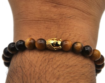 Men's Karma Bracelet, Gold Plated 925 Silver and Semi Precious Stones, Tiger Eye Buddha Bracelet, Gift for Man