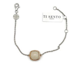 Minimalistische 925 Zilver Designer Armband met Beige Steen, Ti Sento Milano