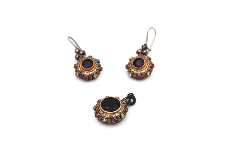 Ottoman Jewelry Set; Earrings and Pendant with Blue Stone