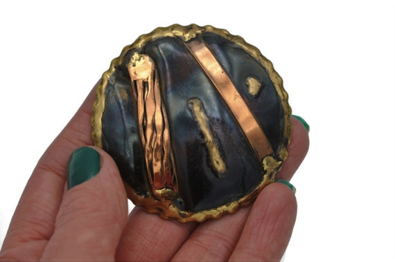 Large Round Brass and Copper Statement Brooch - image 5