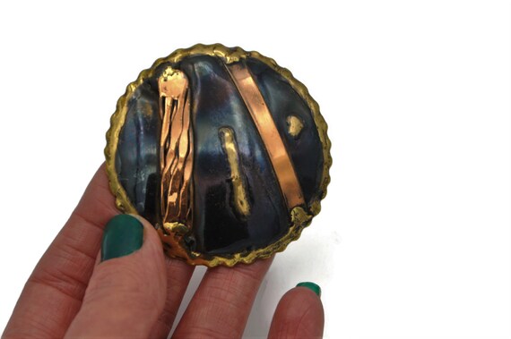 Large Round Brass and Copper Statement Brooch - image 1