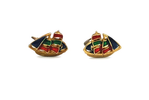 1950's Novelty Earrings, Vintage Enamel Sailboat E