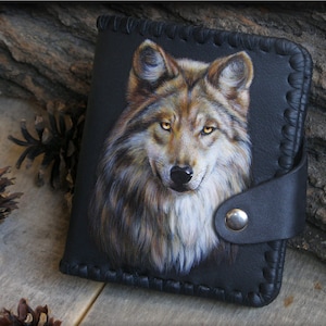 Personalisierte Leder Herren Geldbörse, Wolf Handmalerei, Benutzerdefinierte wildes Tierporträt, Handgemacht