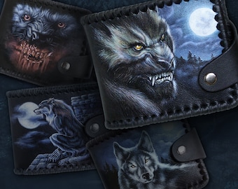 Black werewolf wallet. Horror style. Creepy him wallet of genuine leather. Handmade, handpainting. Custom.