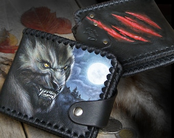 Monster wallet art. Hand painting, handmade wallet. Mystery werewolf face. Custom personalized leather wallet.  Horror Black billfold.
