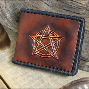 Pentagramma di fuoco, pentacolo magico wiccan, portafoglio sottile in pelle per strega, effetto invecchiato artificiale, stile etnico, dipinto a mano, portafoglio da witcher