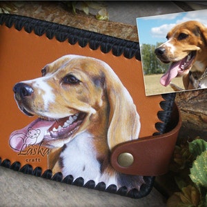 Carteira de couro cão beagle feito à mão pintura personalizada presente pintura animal presente para mulher presente para homem personalizado animal de estimação retrato