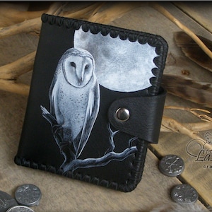 Cartera de cuero gótica de búho Pájaro nocturno Búho lunar Misterio Brujería Magia Retrato de animal personalizado Pintura de pájaro Hecho a medida Pintado a mano