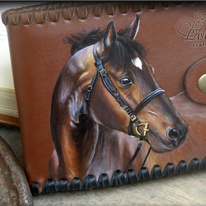 Carteira de couro Cavalo pintura à mão Cavaleiros presente Feito sob medida Couro genuíno Presente personalizado para mulher Presente para homem Retrato de animal de estimação personalizado