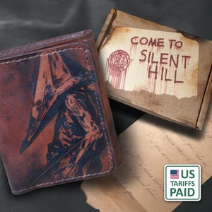 Compact men&#39;s trifold &#39;Pyramid head&#39;, Hand painting, Hand made leather wallet inspired by Silent Hill movie. Free gift wrapping.