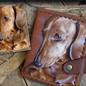Dachshund pintura carteira de couro personalizado retrato do cão pintura do animal de estimação feito sob encomenda couro genuíno pintado à mão presente personalizado pintura do filhote de cachorro