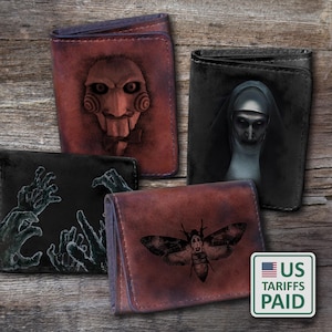 Benutzerdefinierte lederne dreifache Brieftasche mit Horror-Design, Horrorfilmgeschenken, Handmalerei, Kreditkartenhalter, Herrenbrieftasche, antike lederne Brieftasche