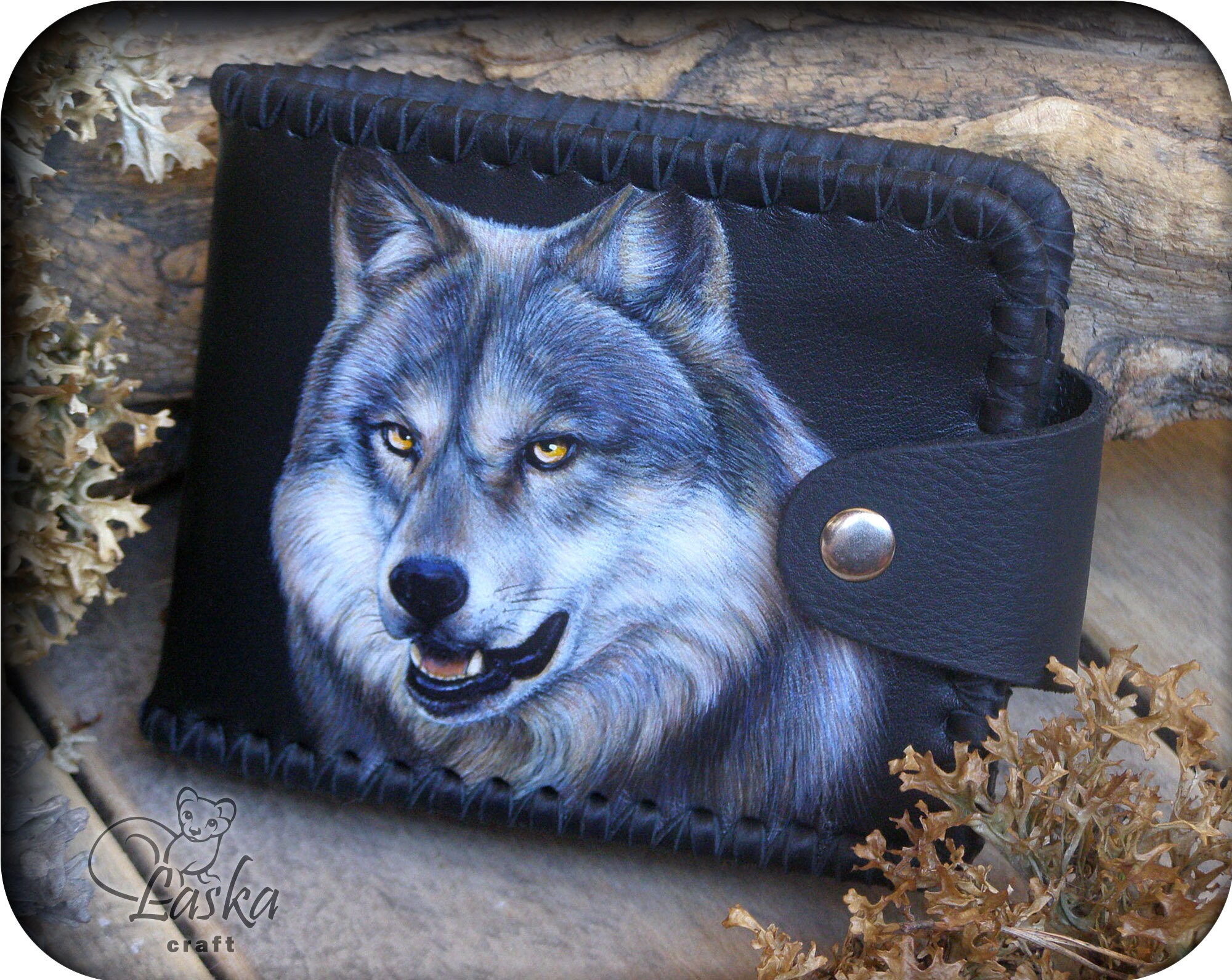 Custom Made Leather Snarling Wolf Wallet