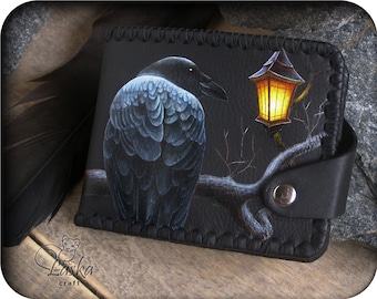 Witch's leather wallet "Mystery Night Raven". Personalized gothic wallet with hand painted.