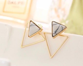 hand painted stud earrings Orange & Gold triangle earrings geometric small earrings modern wooden earrings