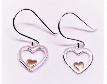 Dainty Sterling Silver and Rose Gold plated Double Heart Earrings