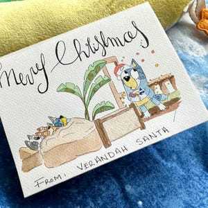 Aquarel Bluey-wenskaart Disney Verandah Kerstkaart Kerstman